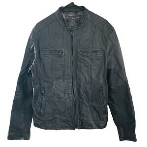 Levis's Capital E black leather biker motorcycle mens's jacket plaid lined  sz L
